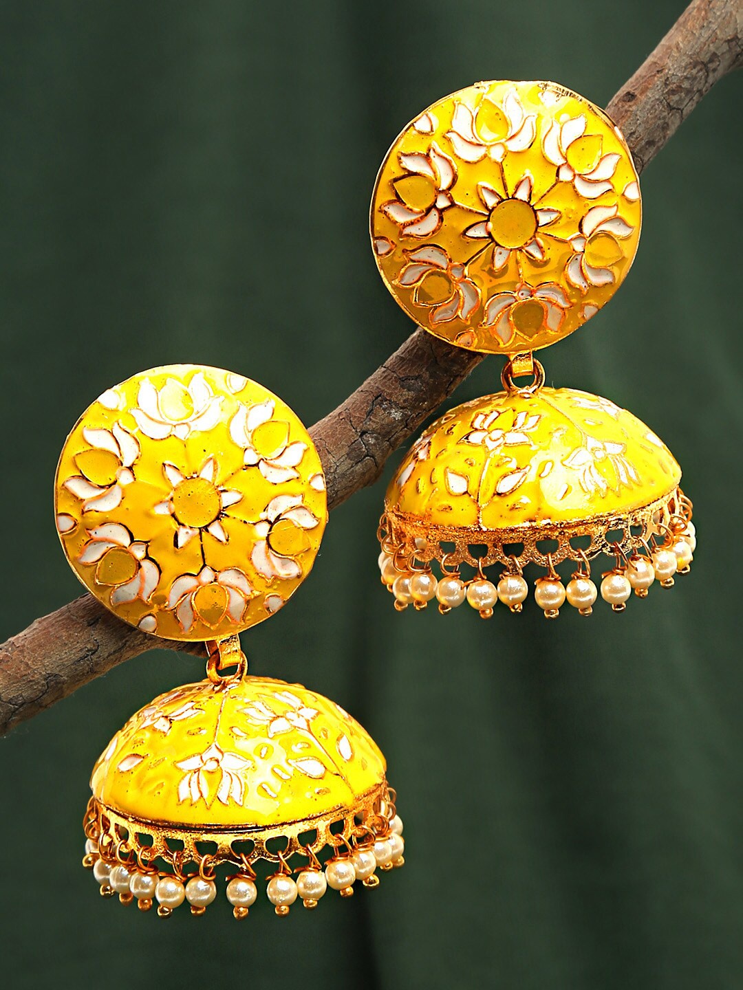 

Yellow Chimes Gold-Plated & Yellow Meenakari Jhumkas Earring