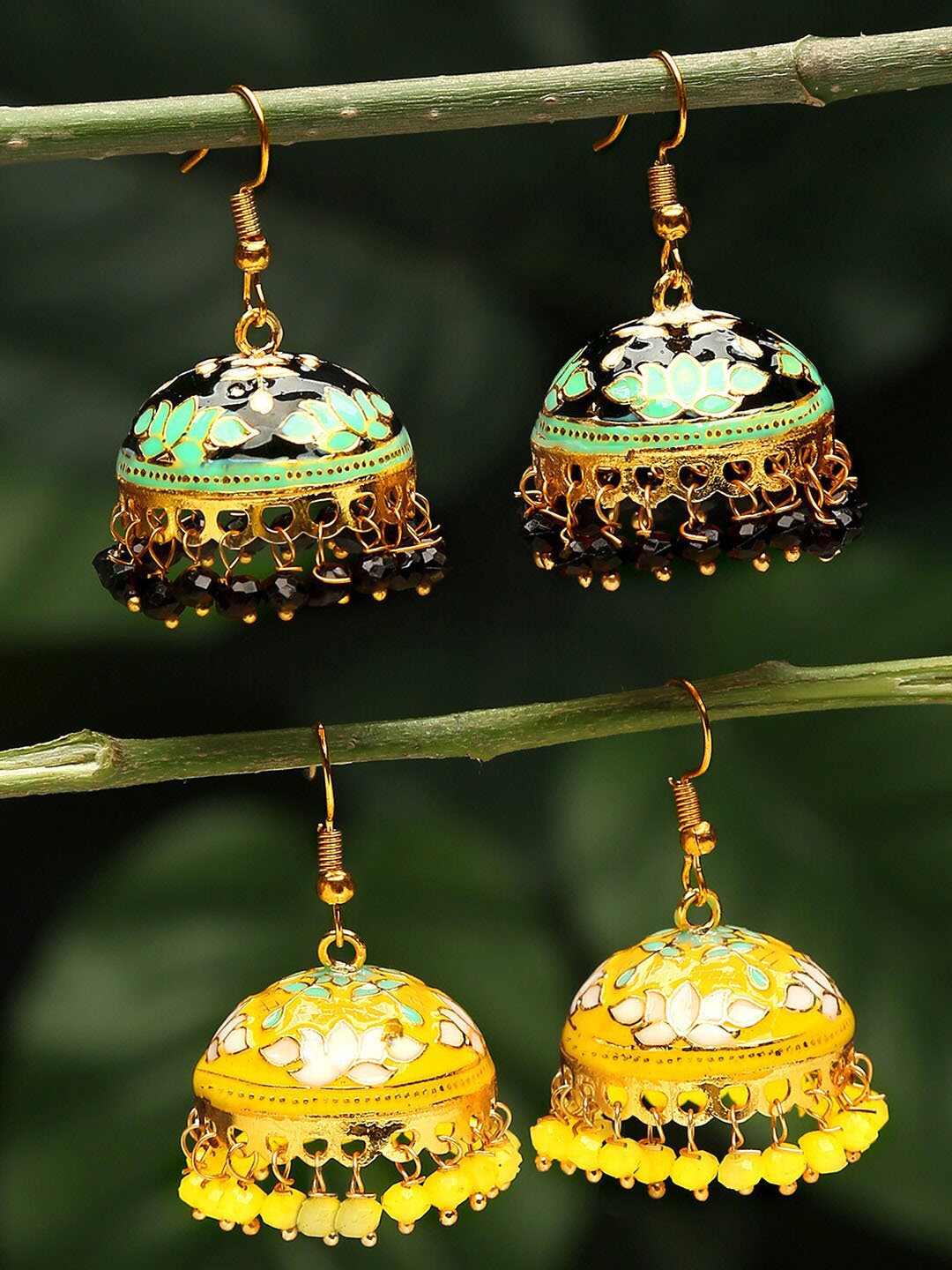 

Yellow Chimes Set Of 2 Pair Gold-Plated Meenakari Jhumka Earrings, Multi