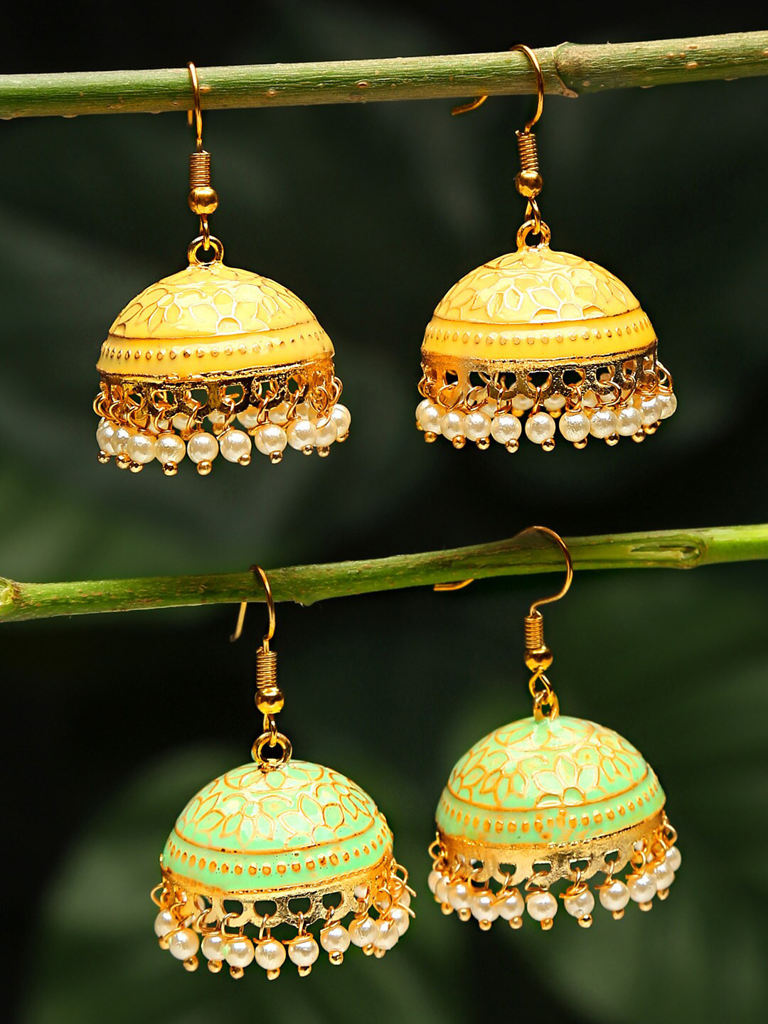 

Yellow Chimes Set Of 2 Pair Gold-Plated Meenakari Jhumka Earrings, Multi