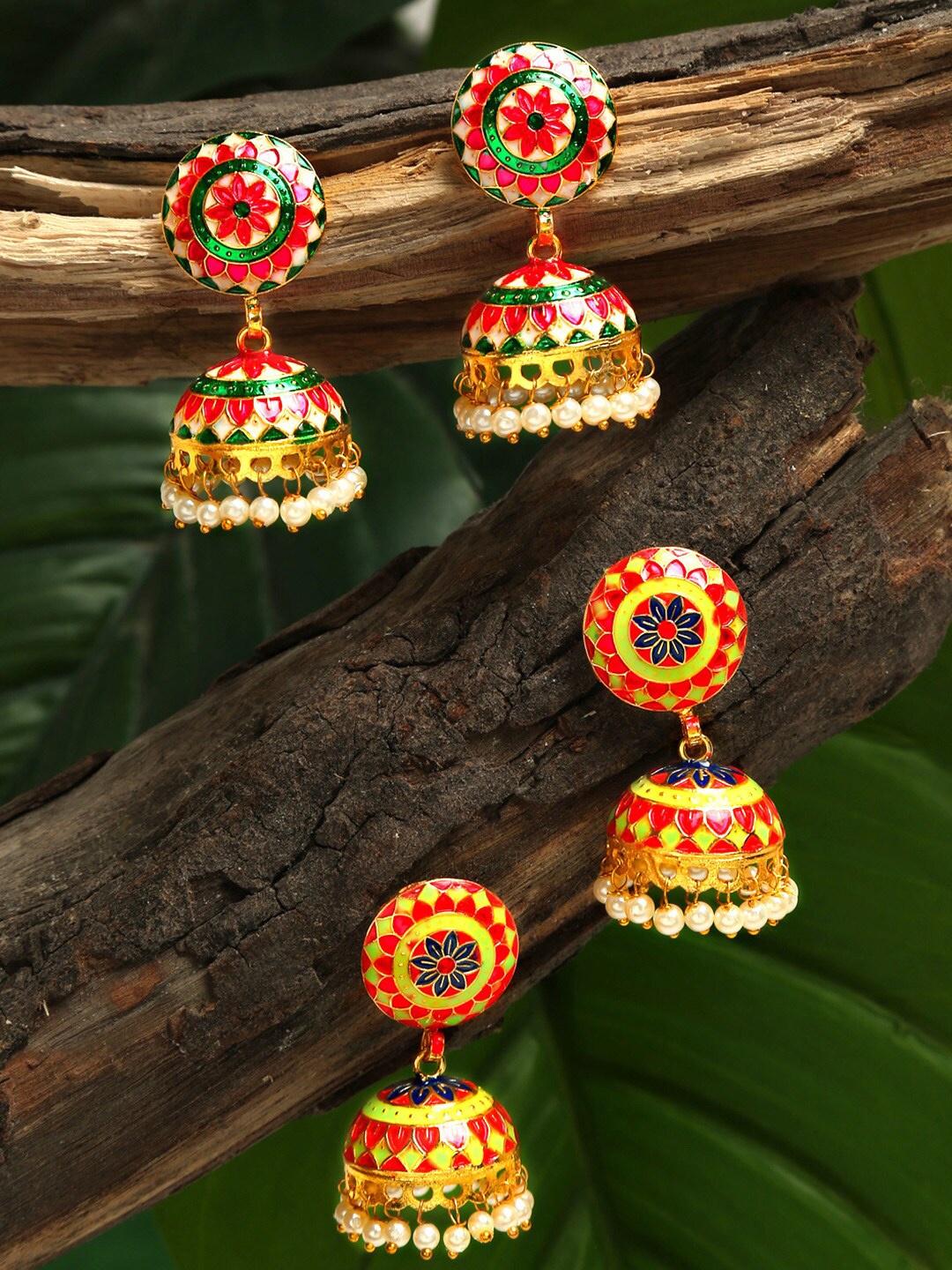 

Yellow Chimes Set Of 2 Pair Gold-Plated Meenakari Jhumka Earrings, Multi