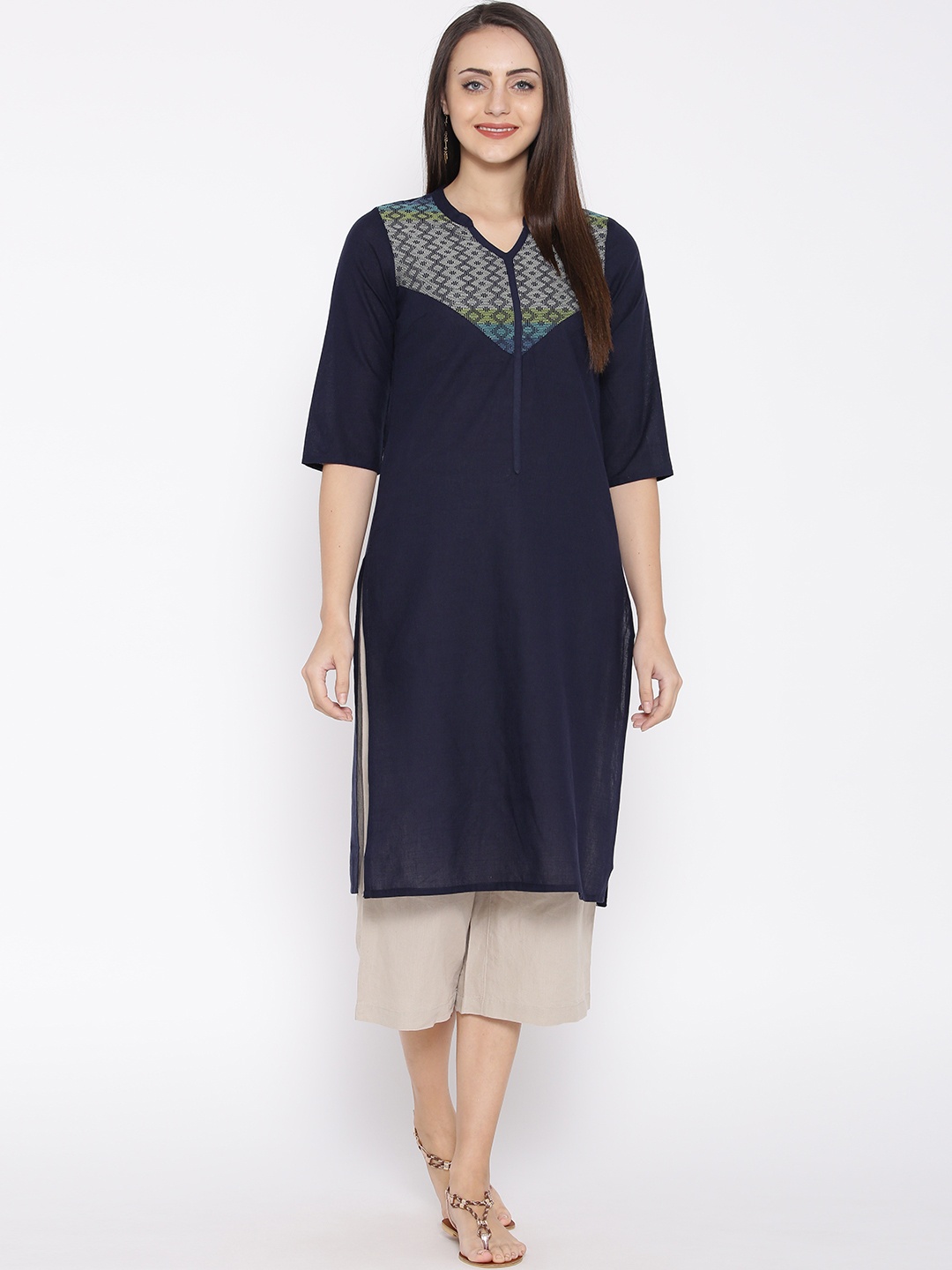 

AURELIA Women Navy Woven Design Straight Kurta, Navy blue