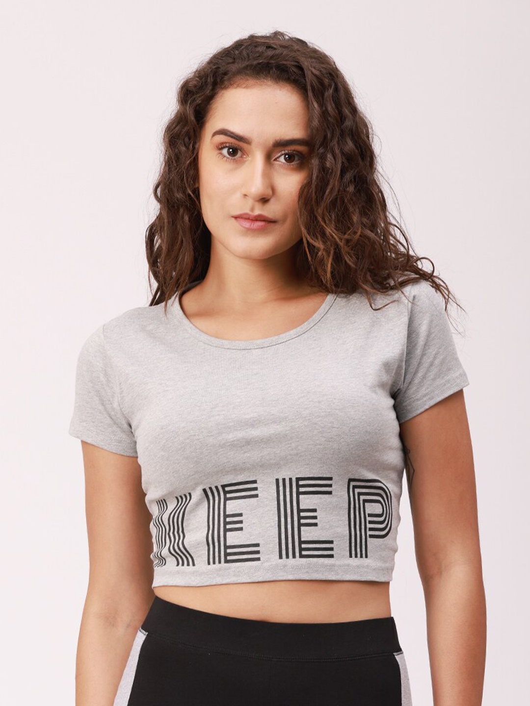 

De Moza Grey Melange & Black Print Crop T-Shirt