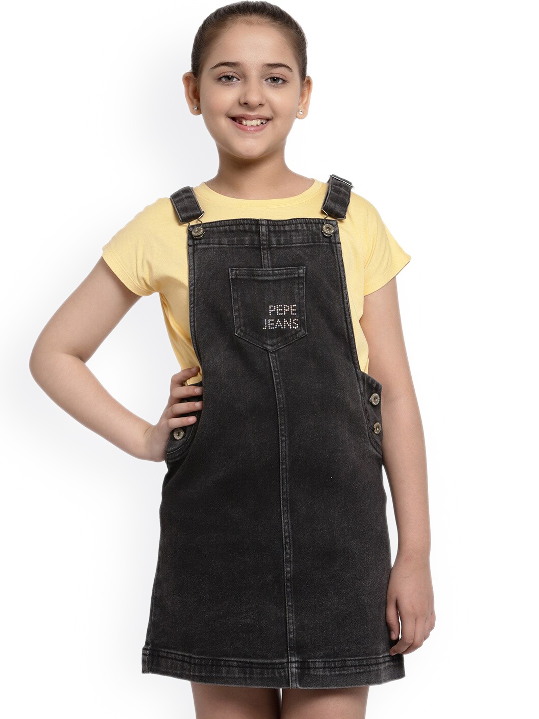 

Pepe Jeans Girls Black & Yellow Solid Cotton Dungaree with T-Shirt