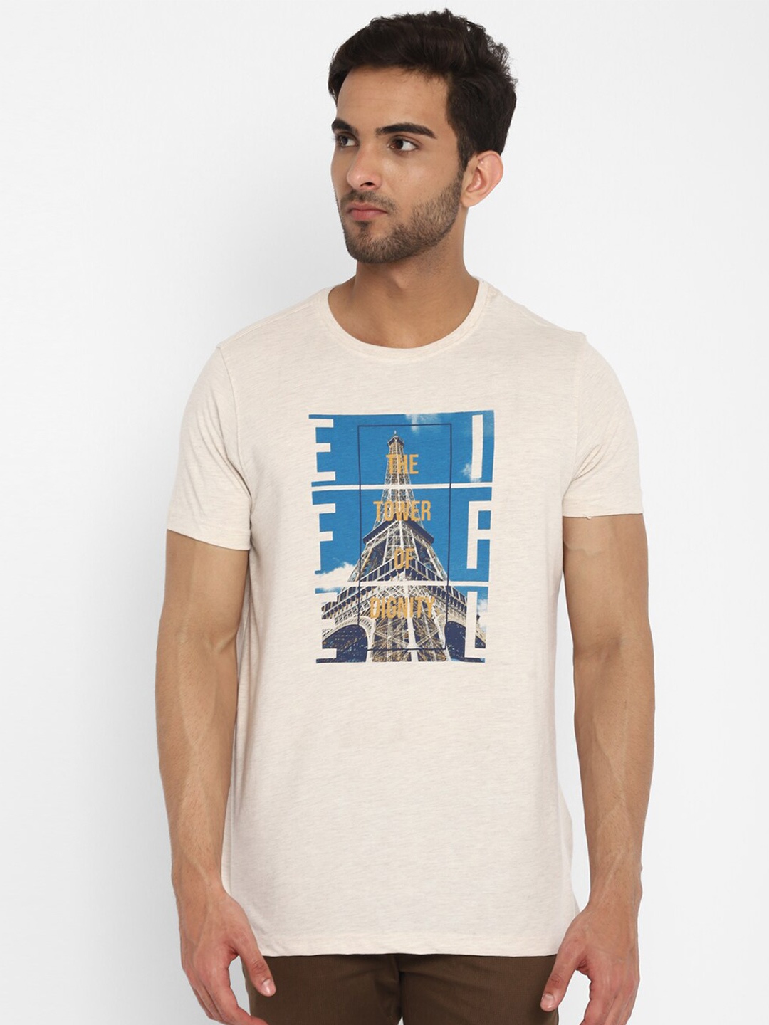 

Turtle Men Cream-Coloured & Blue Printed Pure Cotton Slim Fit T-shirt