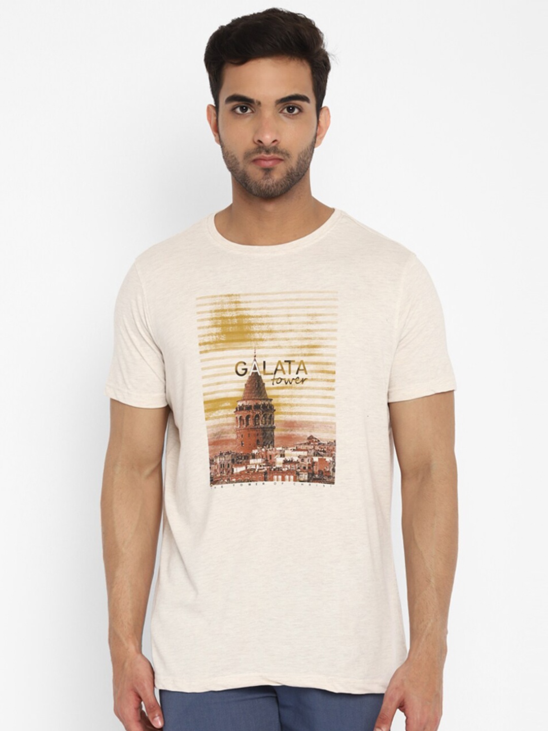 

Turtle Men Cream-Coloured Printed Pure Cotton T-shirt