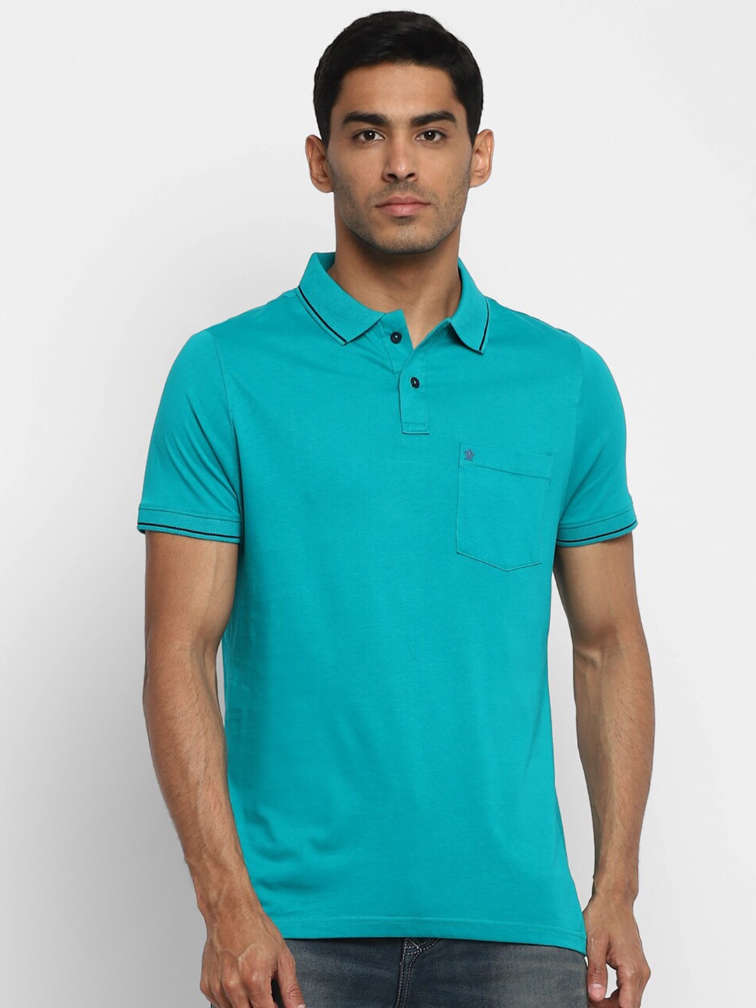 

Turtle Men Turquoise Blue Solid Polo Collar Pure Cotton Slim Fit T-shirt