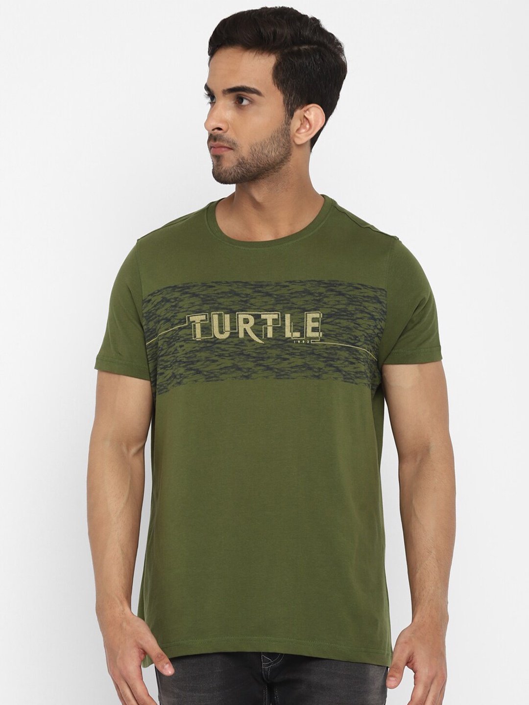 

Turtle Olive Green Typography Printed Pure Cotton Slim Fit T-shirt