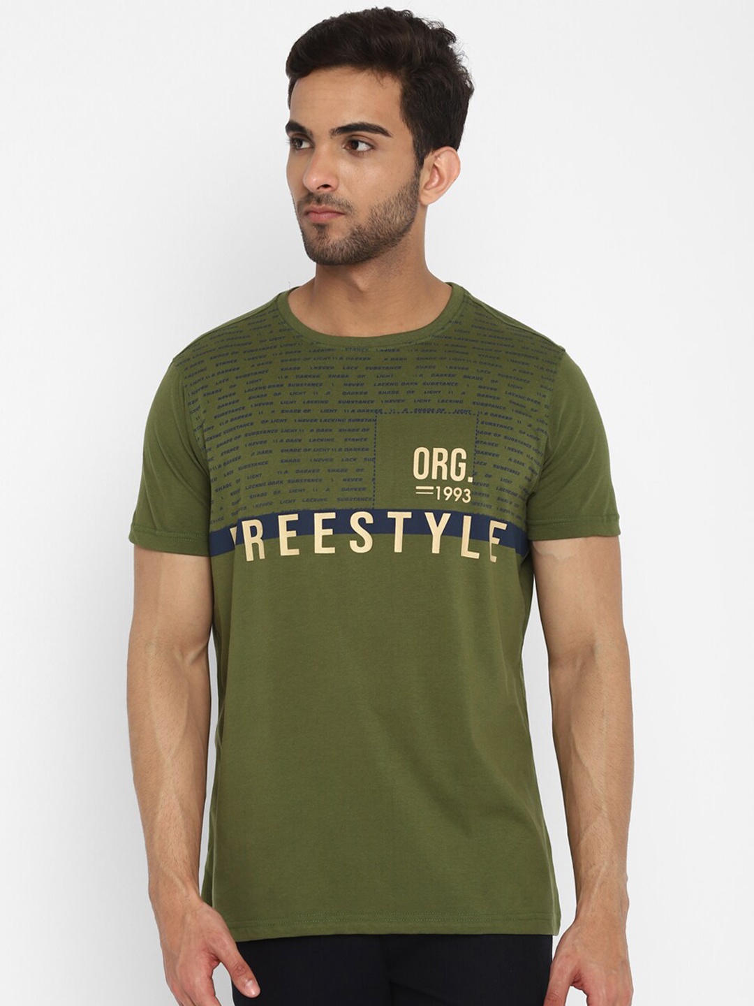 

Turtle Men Olive Green Typography Printed Pure Cotton T-shirt