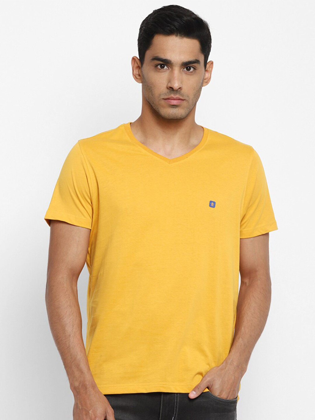 

Turtle Men Yellow Solid V-Neck Slim Fit T-shirt