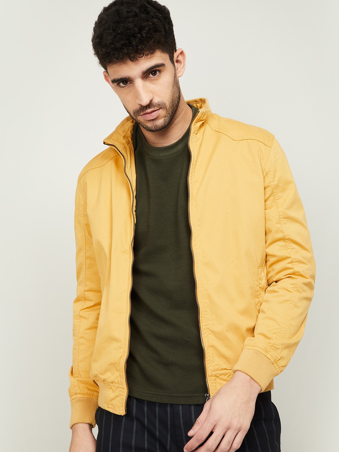 

Fame Forever by Lifestyle Men Yellow Solid Mock Collar Lightweight Bomber Jacket