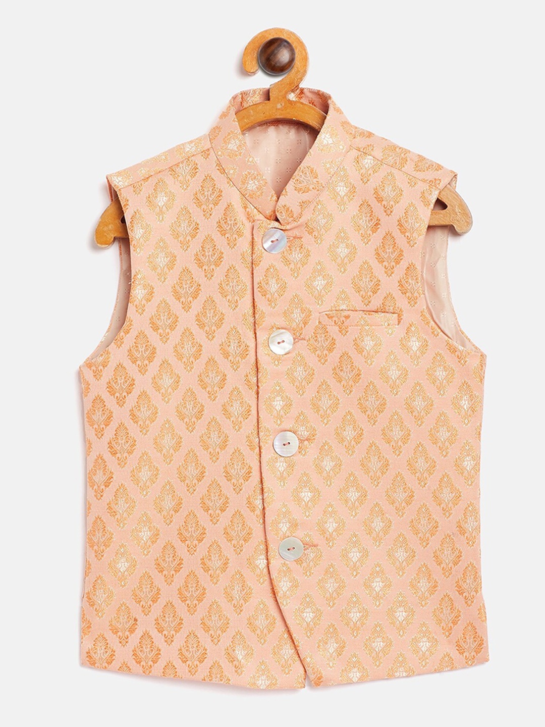 

JBN Creation Boys Peach-Coloured Woven Design Silk Blend Nehru Jacket