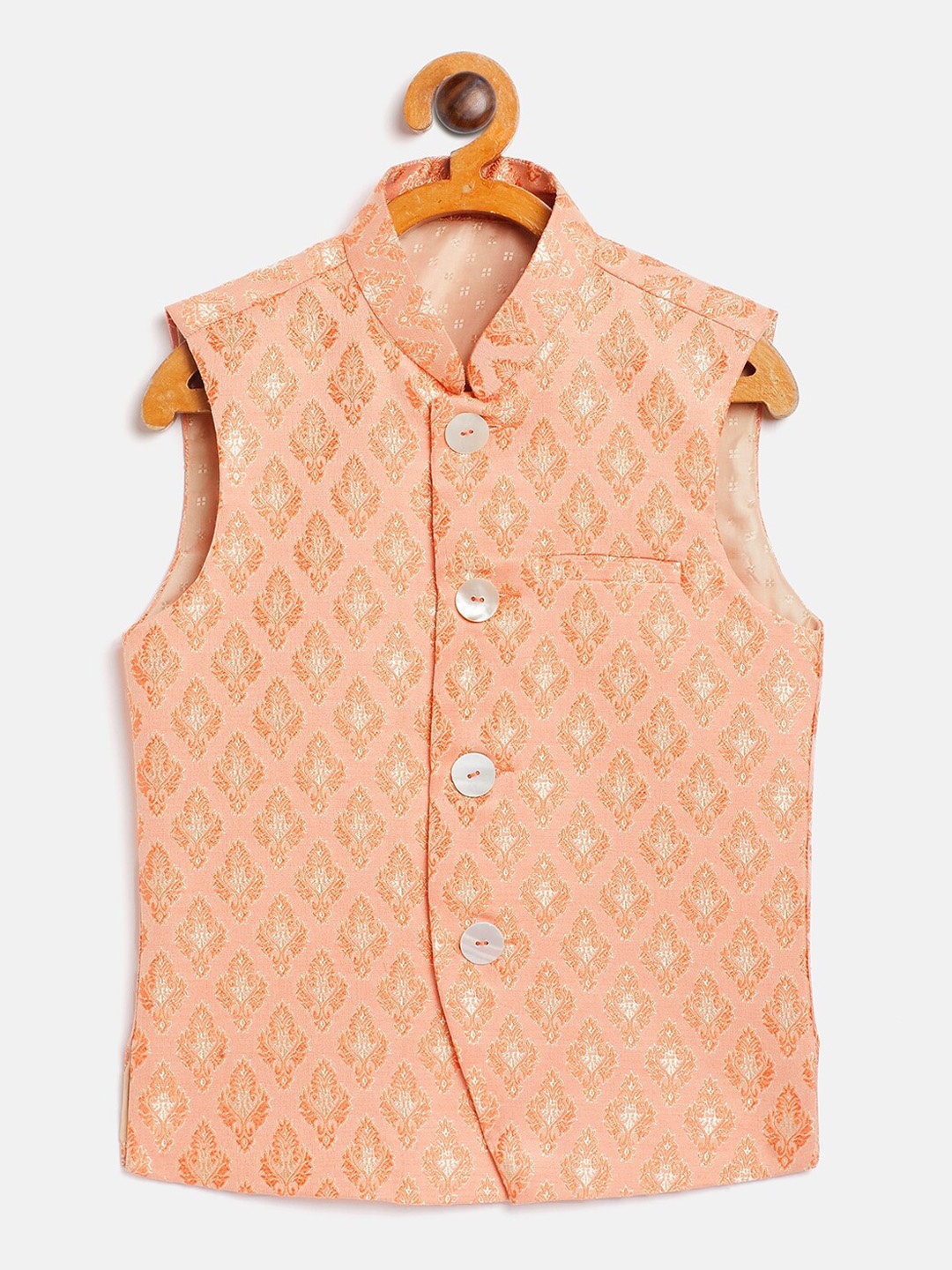 

JBN Creation Boys Peach-Colored Slim Fit Woven-Designed Nehru Jacket