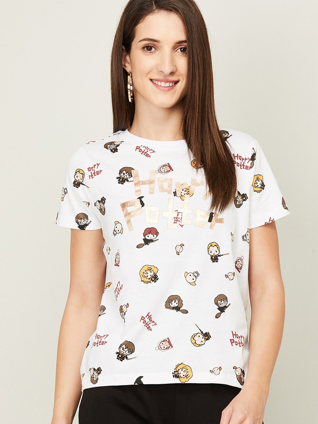 

Ginger by Lifestyle White & Brown Harry Potter Print Pure Cotton T-Shirt