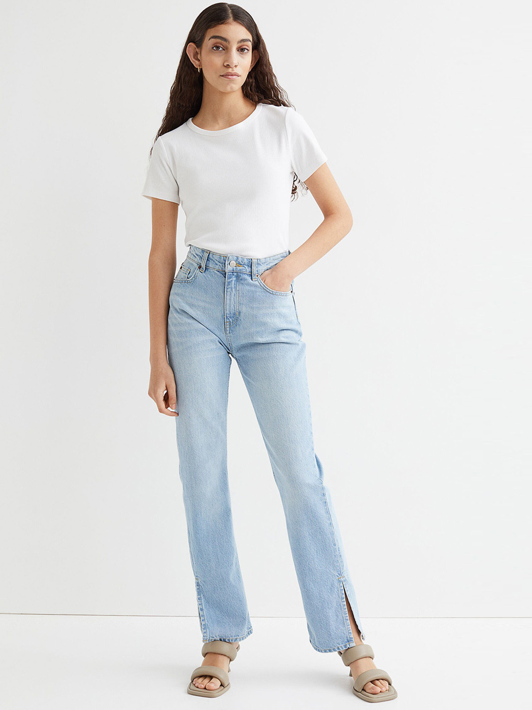 

H&M Women Blue Pure Cotton Straight High Split Jeans