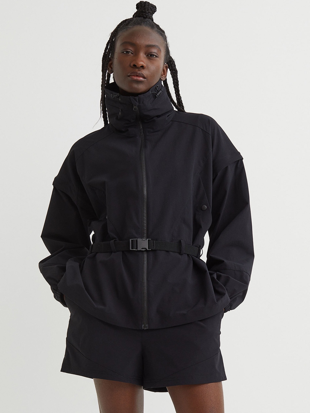 

H&M Women Black Solid Water Resistant Detachable Sleeve Jacket