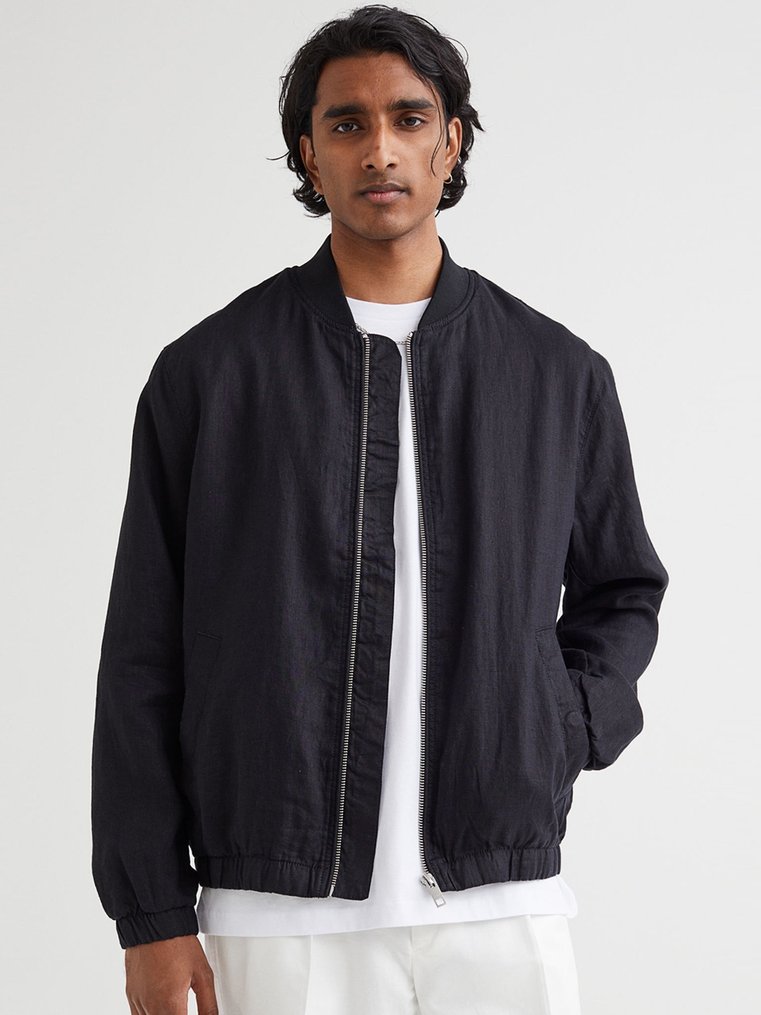 

H&M Men Black Linen Bomber Jacket