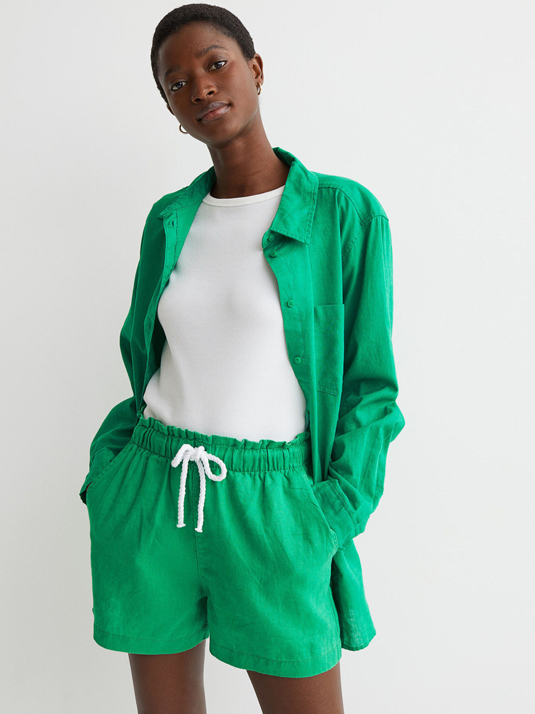 

H&M Women Green Linen Shorts