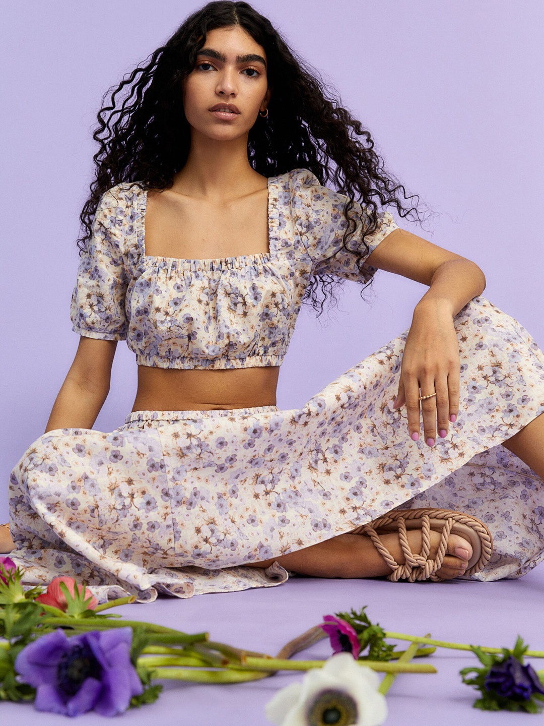 

H&M Women Beige & Blue Printed Cotton Linen Midi Skirt
