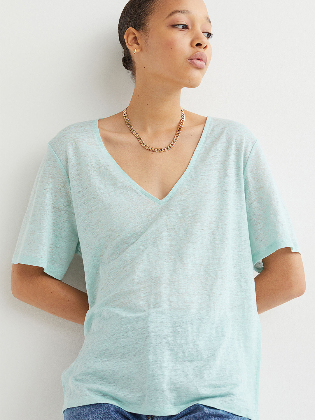 

H&M Women Turquoise Blue Linen Jersey T-shirt
