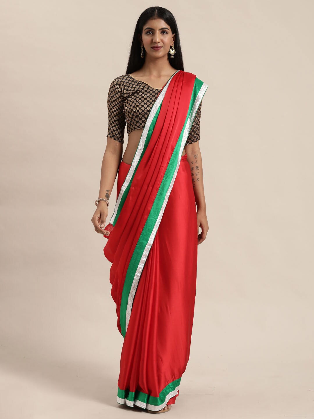 

KALINI Red & Green Solid Satin Saree