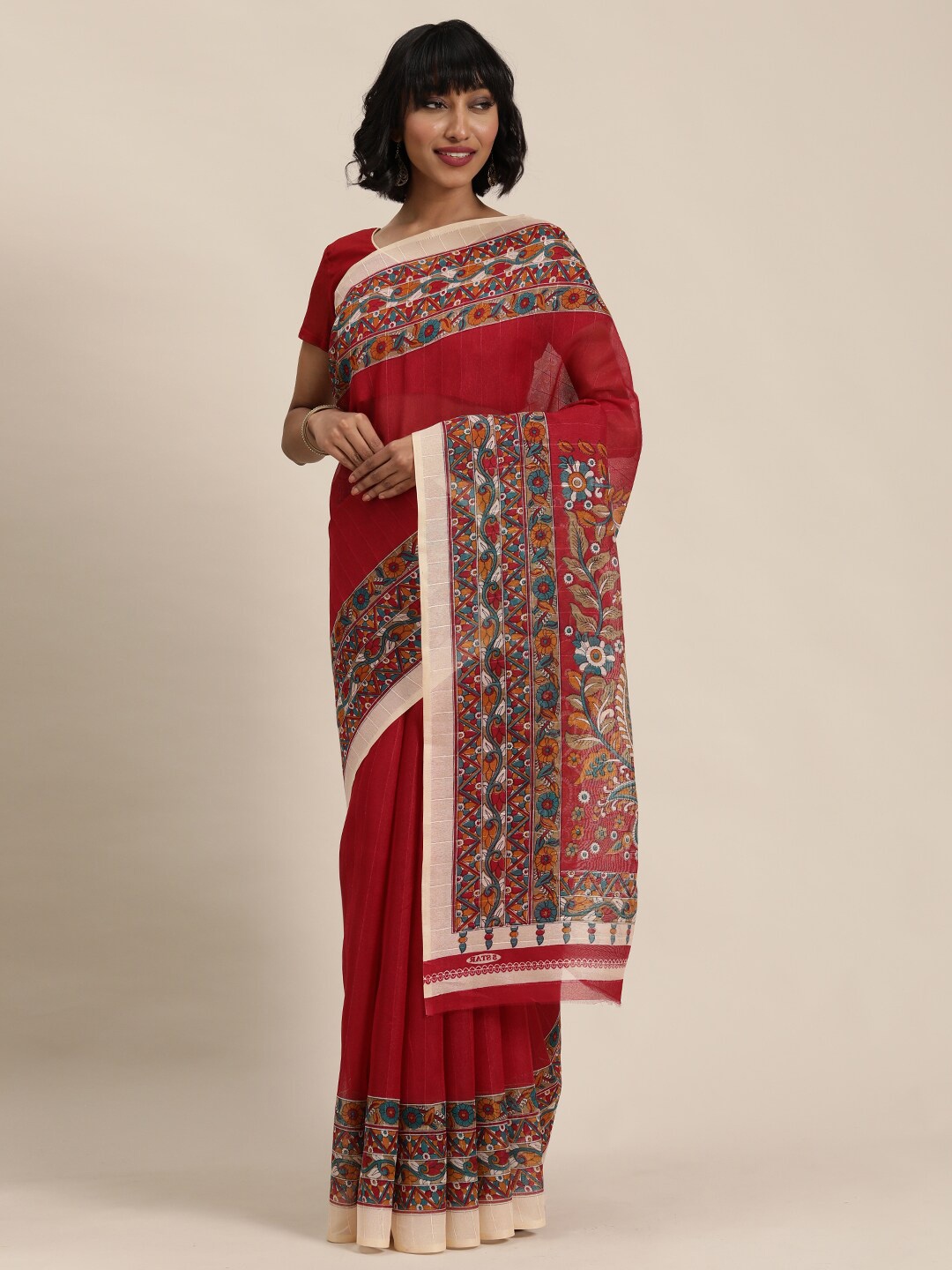 

KALINI Red & Cream-Coloured Kalamkari Pure Chiffon Saree