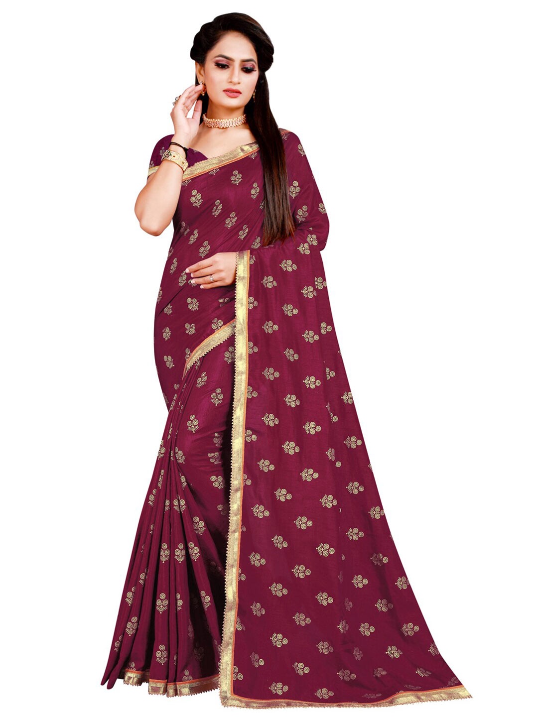 

KALINI Purple & Gold-Toned Floral Silk Blend Saree