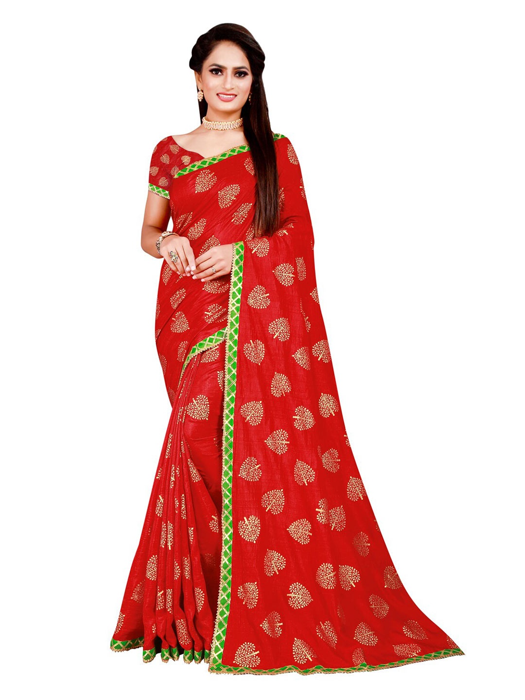 

KALINI Red & Green Floral Foil Silk Blend Saree