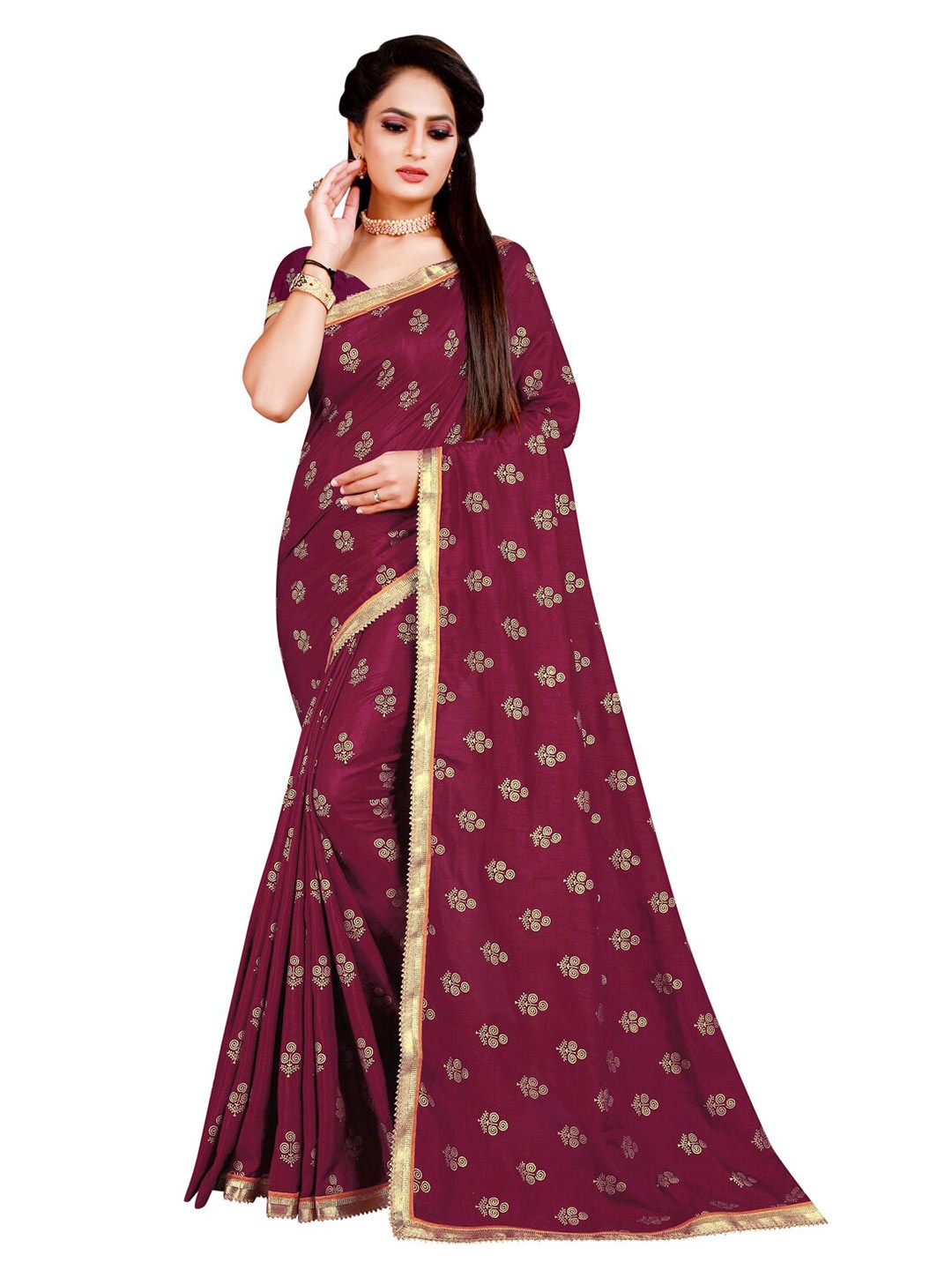 

KALINI Burgundy & Gold-Toned Floral Printed Saree