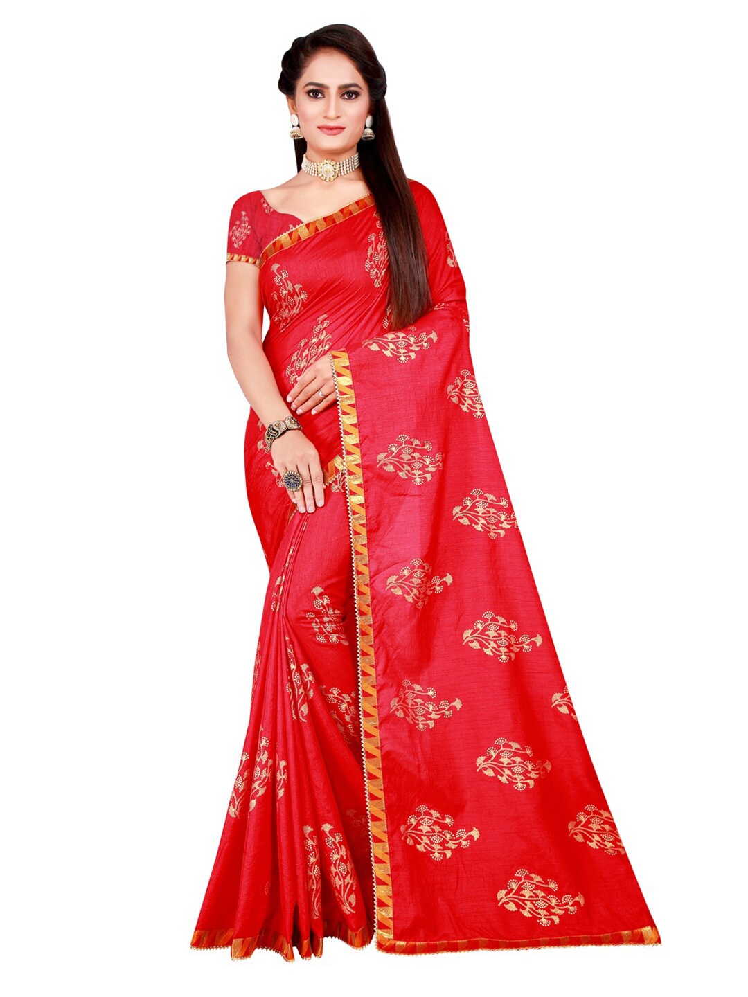 

KALINI Red & Gold-Toned Floral Printed Saree