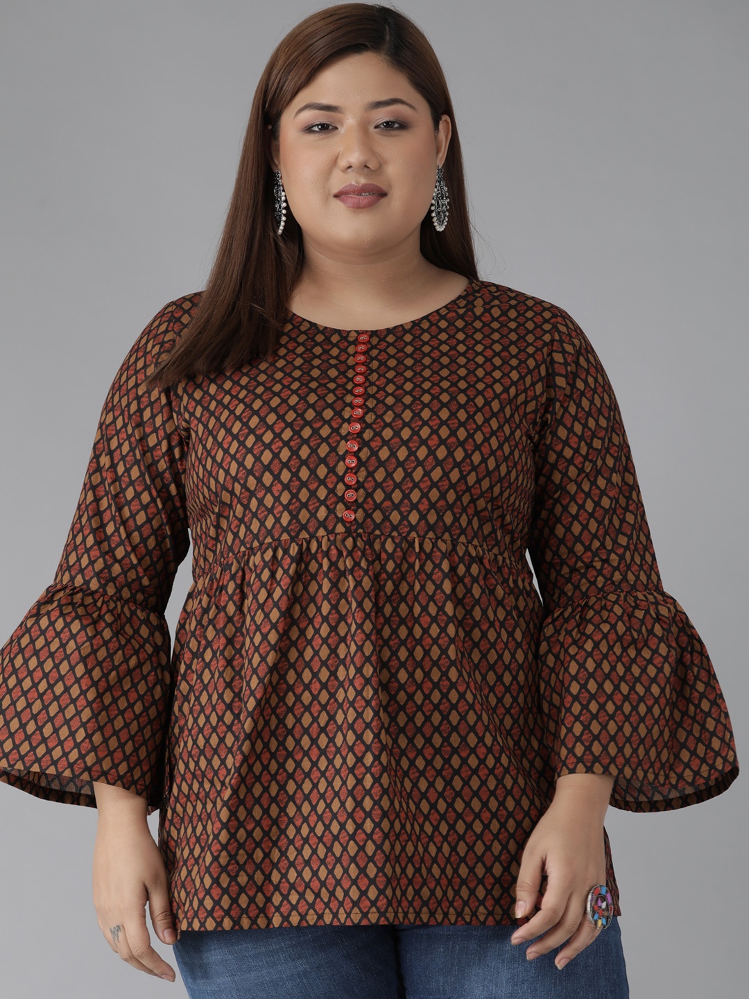 YASH GALLERY Plus Size Women Black & Beige Geometric Print A-line Kurti