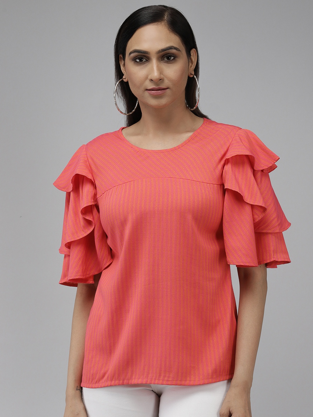 

YASH GALLERY Pink Striped Ruffles Top