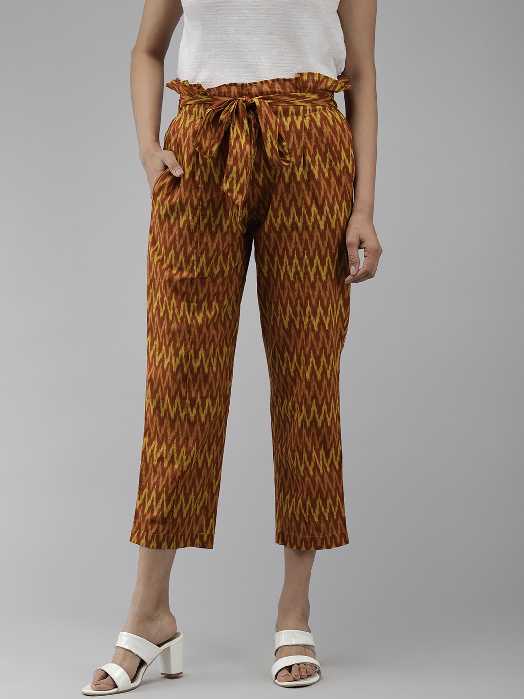 

YASH GALLERY Women Brown Relaxed Chevron High-Rise Cropped Trousers