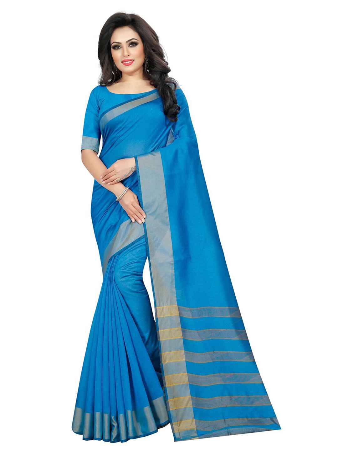 

KALINI Turquoise Blue & Gold-Toned Striped Saree