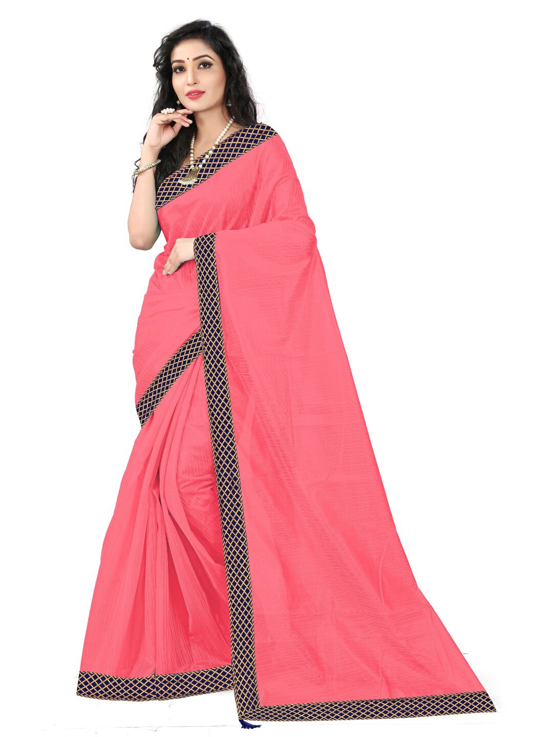 

KALINI Pink & Navy Blue Solid Art Silk Saree