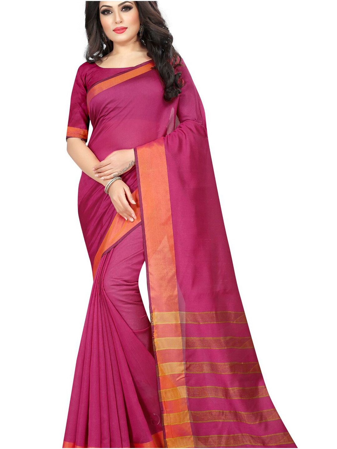 

KALINI Pink & Gold-Toned Striped Silk Cotton Saree