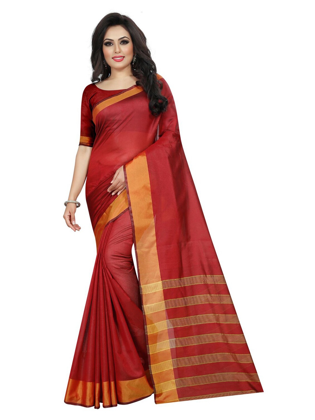 

KALINI Maroon & Gold-Toned Striped Cotton Silk Saree
