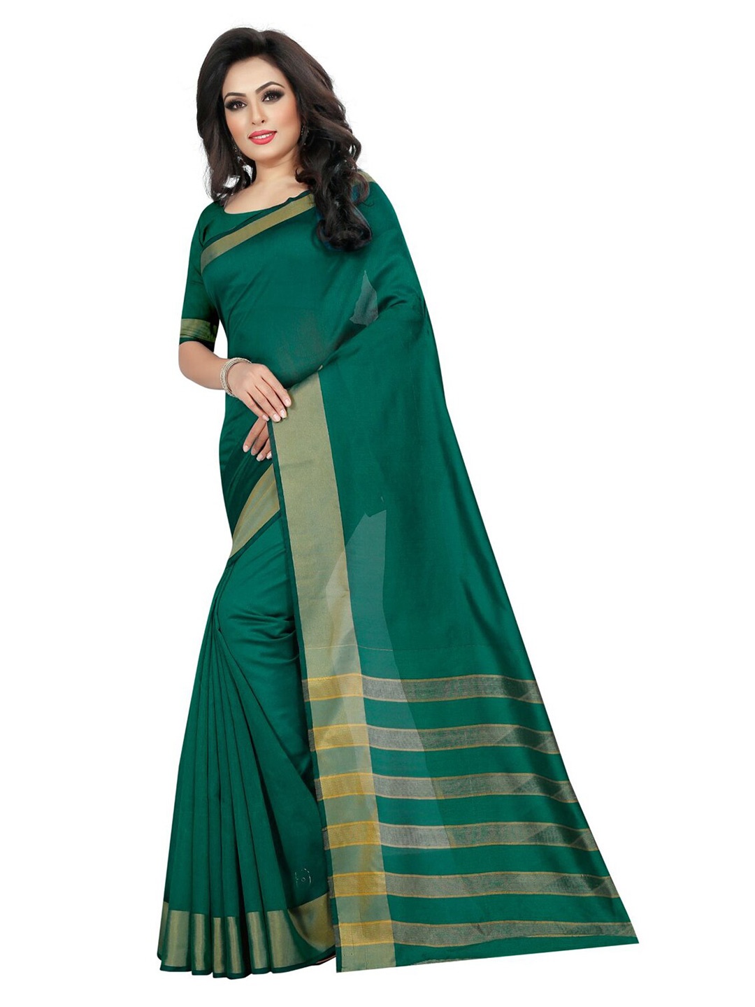 

KALINI Green & Gold-Toned Striped Silk Cotton Saree