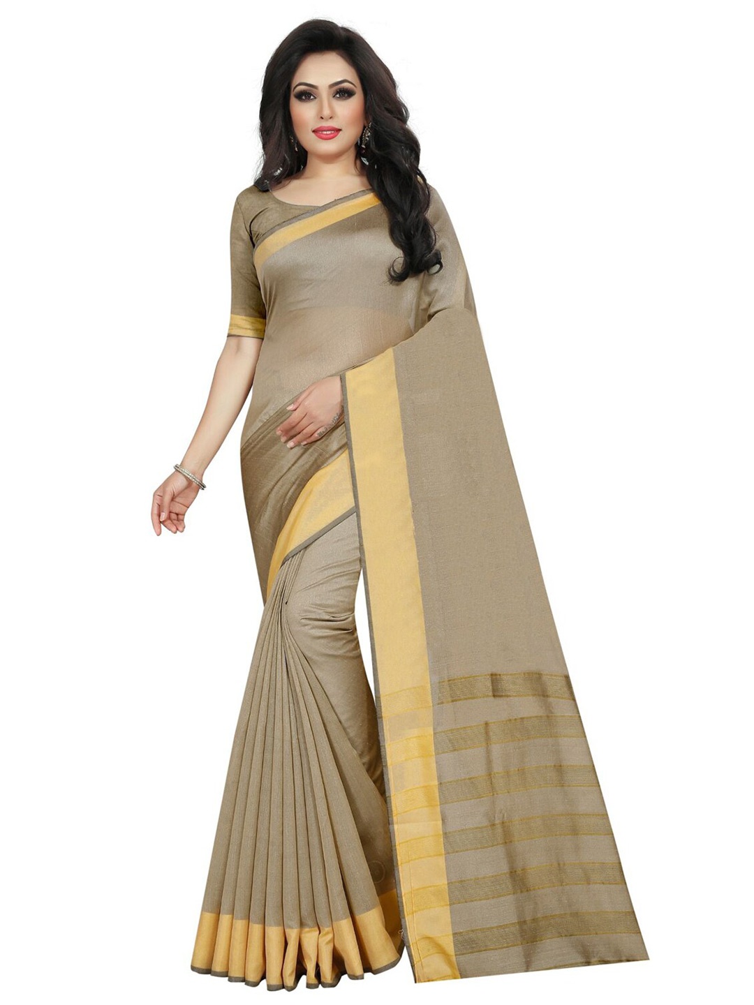 

KALINI Beige & Gold-Toned Striped Cotton Silk Saree