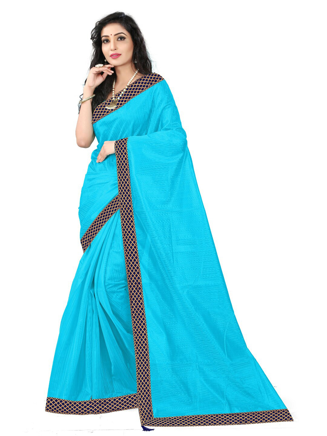 

KALINI Turquoise Blue & Gold-Toned Solid Art Silk Saree