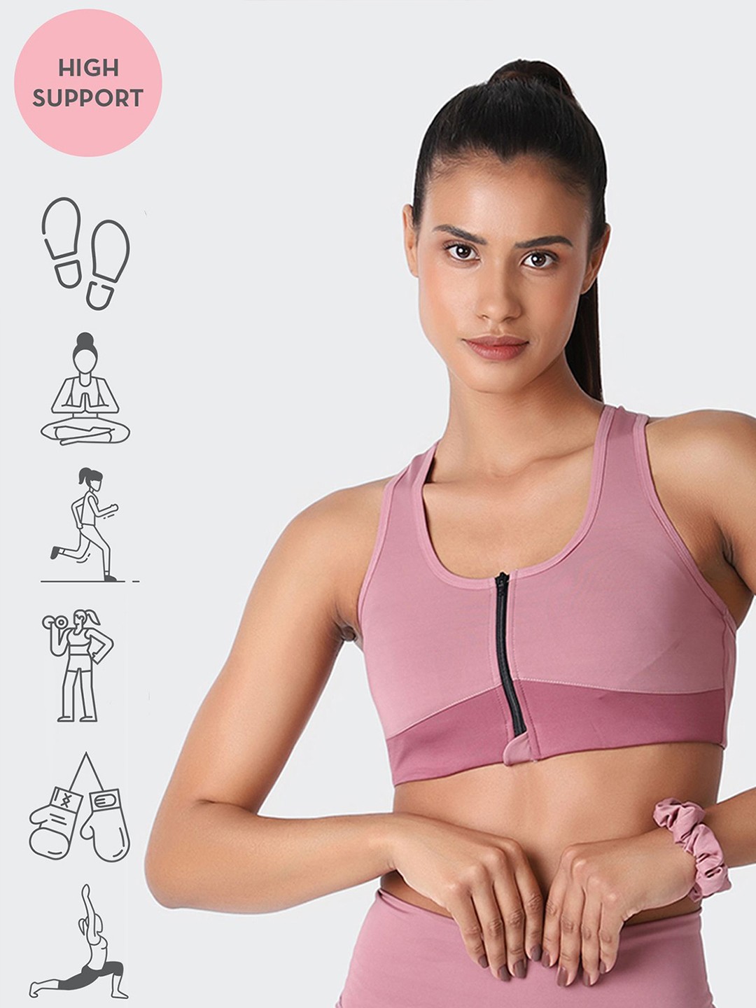 

KICA Non-Wired High Support Zip Sports Bra With Removable Pad, Mauve