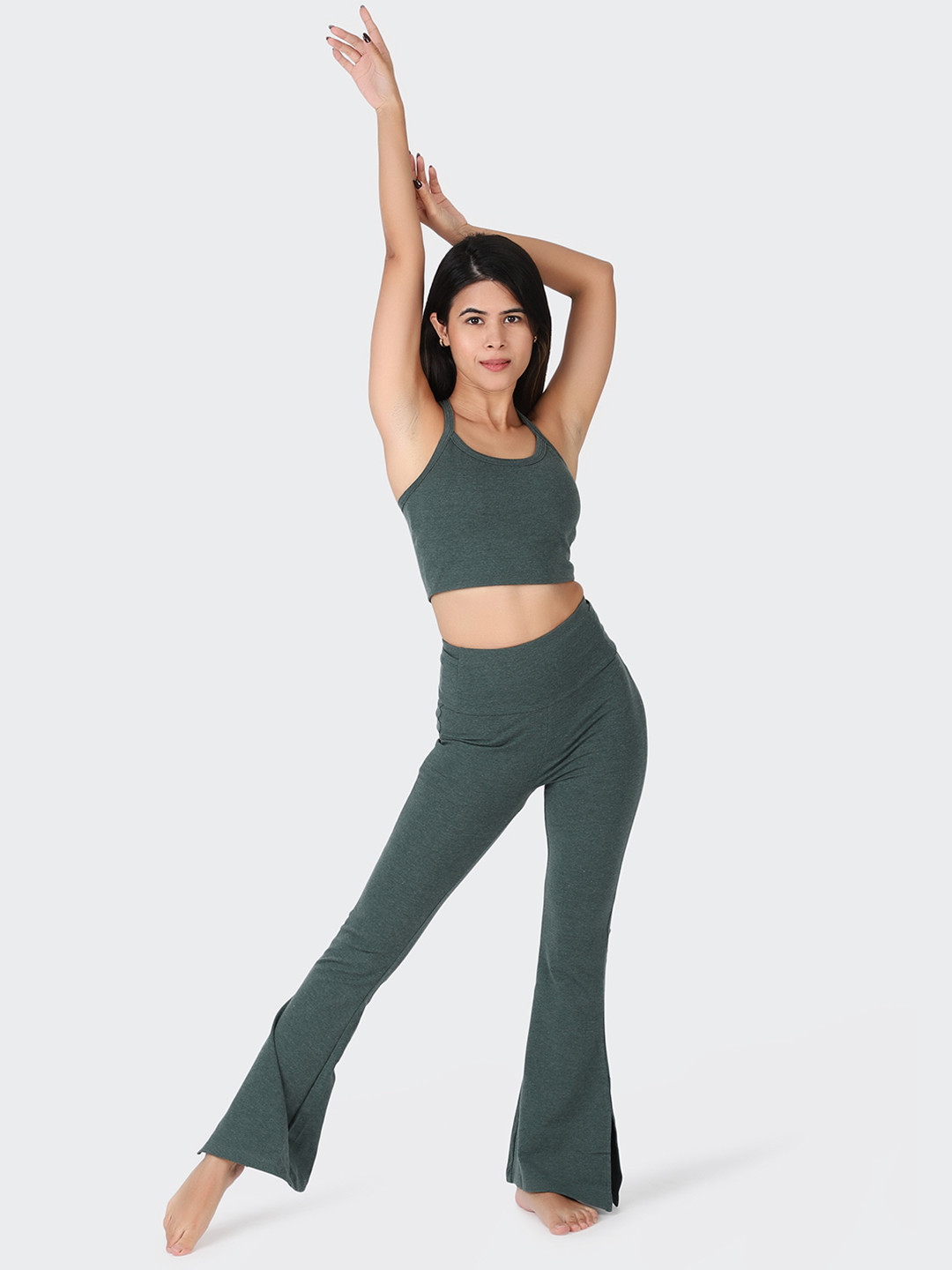 

KICA Women Olive Green Melange Cotton Poly Blend Top & Flared Tracks With Slits & Pockets