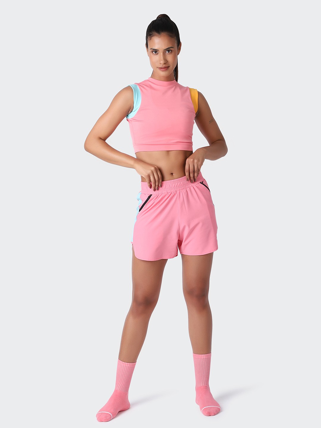

KICA Women Pink Solid High- Waisted Sports Crop Top & Shorts