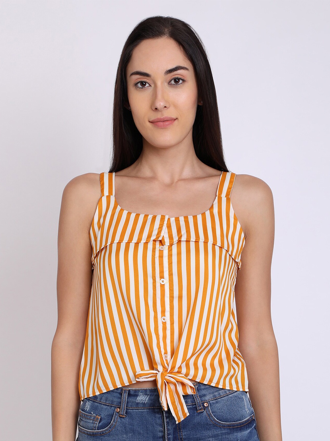 

CHIMPAAANZEE Mustard Yellow & White Stiped Front Knot Top