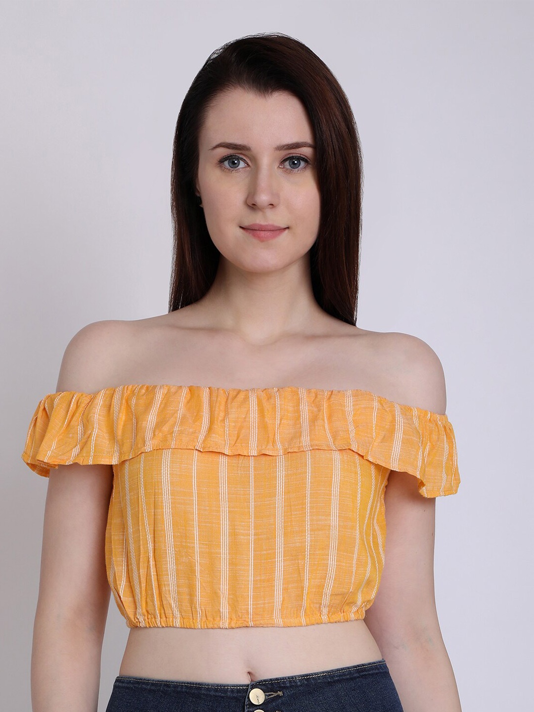 

CHIMPAAANZEE Mustard Yellow Striped Off-Shoulder Bardot Crop Top