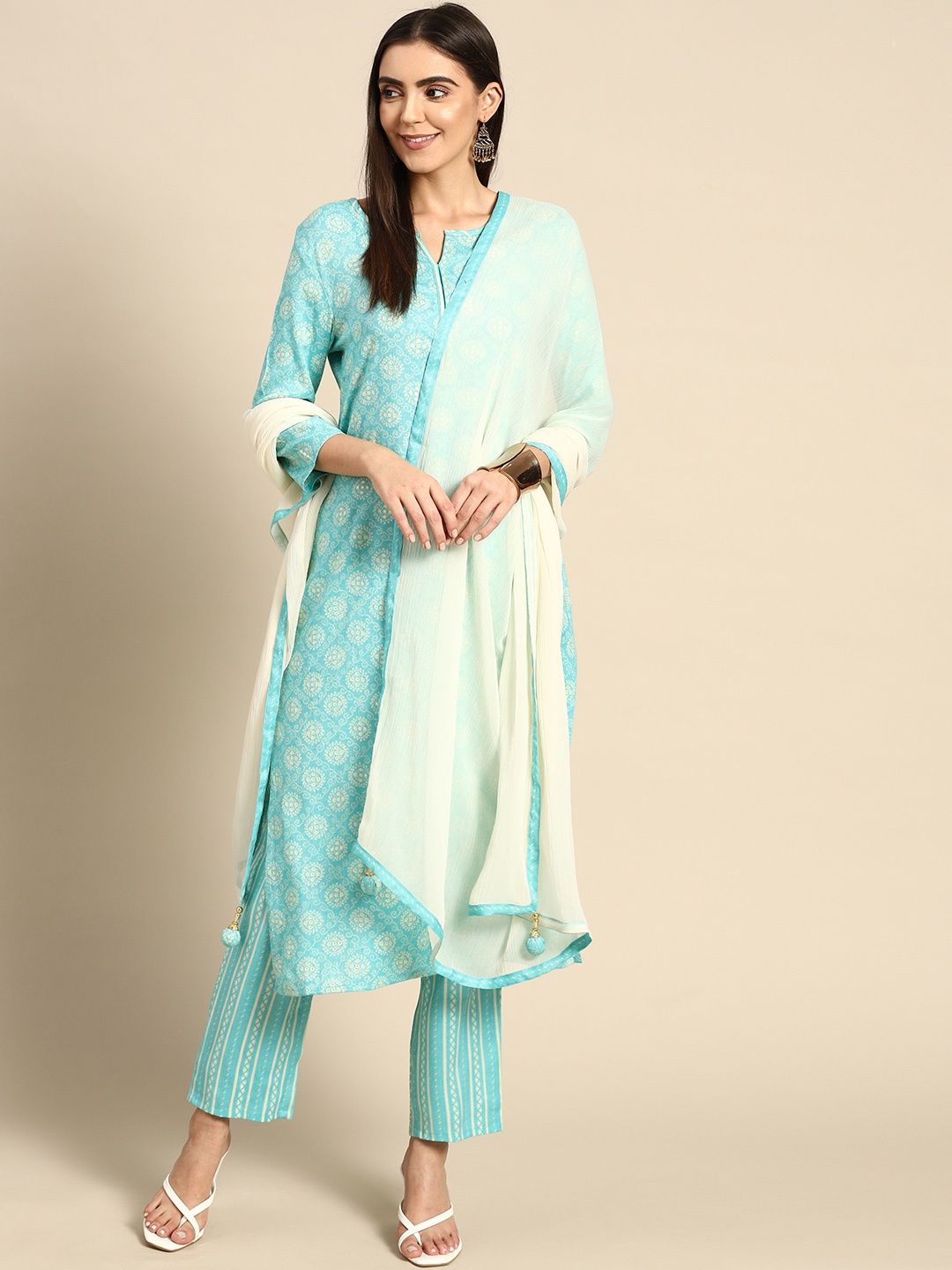 

Anouk Women Turquoise Blue Ethnic Motifs Printed Kurta with Trousers & Dupatta