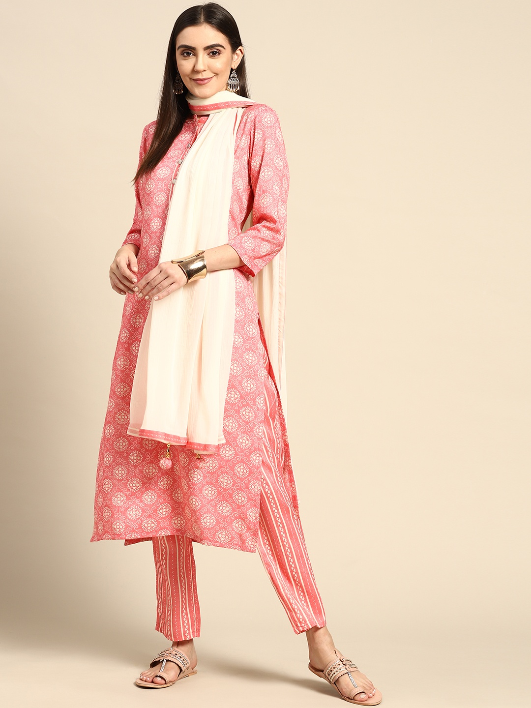 

Anouk Women Pink Ethnic Motifs Printed Kurta with Trousers & Dupatta