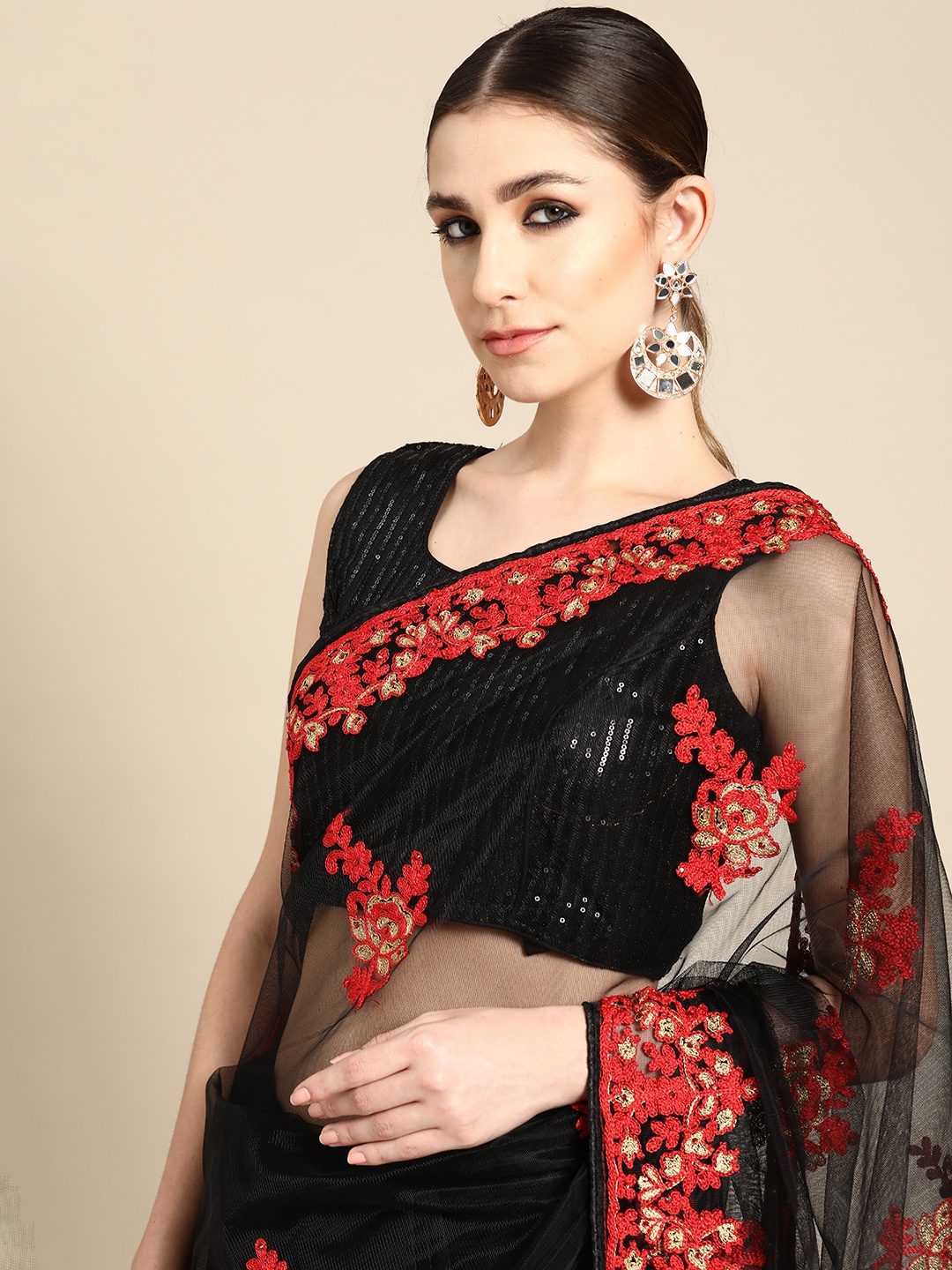 

all about you Black & Red Ethnic Motifs Net Bagh Saree