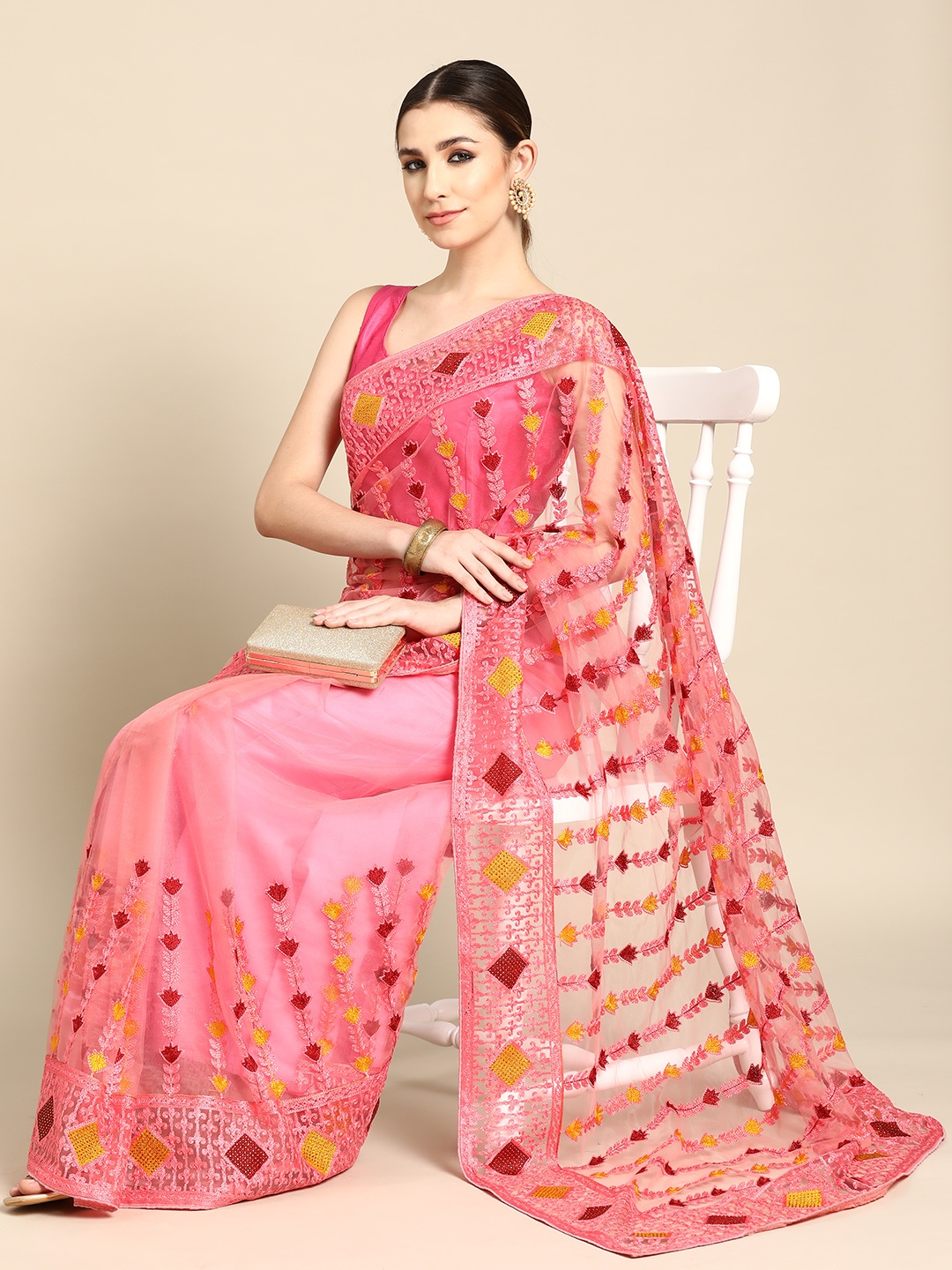 

all about you Pink & Maroon Floral Embroidered Net Bagh Saree