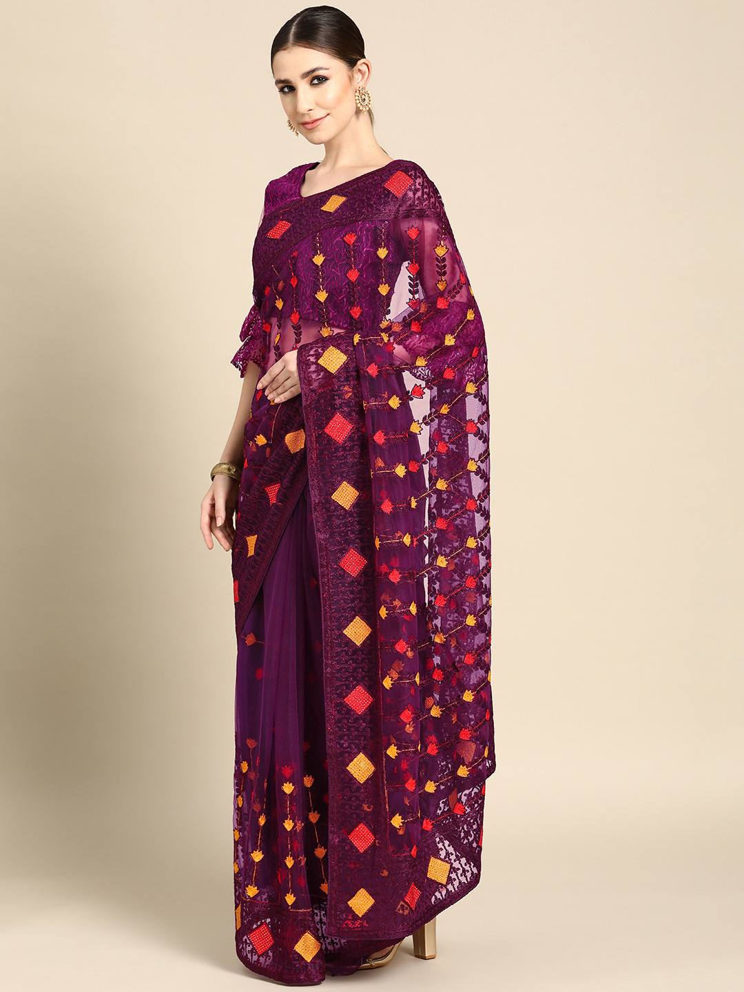 

all about you Burgundy & Mustard Ethnic Motifs Net Bagh Saree