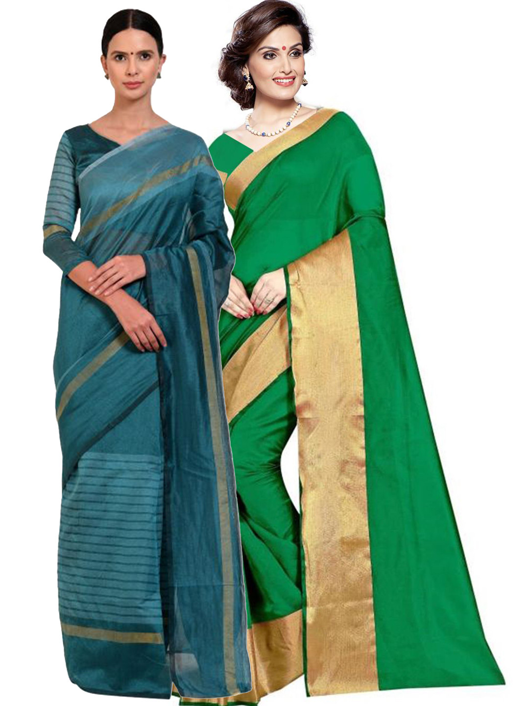 

Florence Green & Turquoise Blue Striped Silk Cotton Saree Pack Of 2